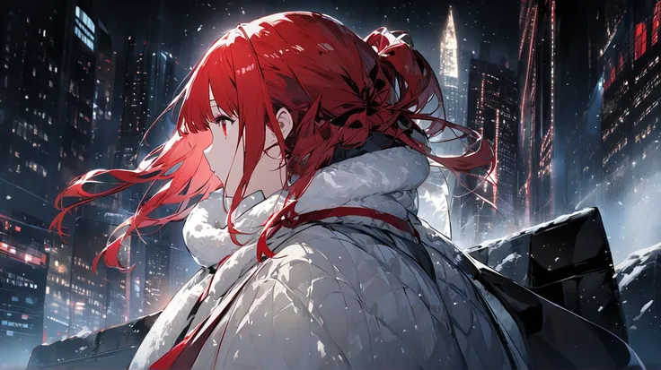 Distant View Girl red eyes red Drill Twin hair Night winter snow Quiet City Shining  View People Main profile