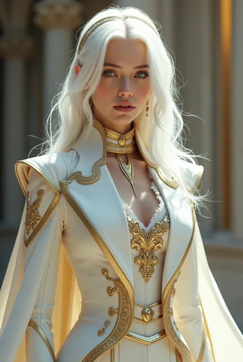 star wars young european Empress, with white hair, dressed in a White and gold elegant suit