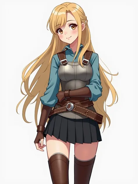 Image of young adventurer woman in blue blouse and breastplate, black miniskirt, Brown thigh-high boots, studs in her ears, narrow sleeves, fantasy clothing, Full body pose, simple design, super fine illustration, fine skin, very cute and beautiful girl, b...