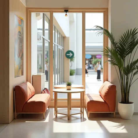 Design a small seating area for a modern café named Est.Preso, located inside a shopping mall. The seating area is positioned by large glass windows that let in natural light, creating a bright and inviting ambiance. The design features 3–4 small two-seate...