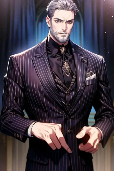 （Exquisite face，highest quality），male，solo，middle aged，uncle，40 years old，robust，super short hair，gangster，Gray purple and black striped suit，Nobility，（Beard scum：A small amount），Very impressive