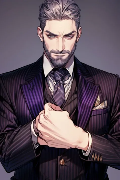 （Exquisite face，highest quality），male，solo，middle aged，uncle，40 years old，robust，super short hair，gangster，Gray purple and black striped suit，Nobility，（Beard scum：A small amount），Very impressive