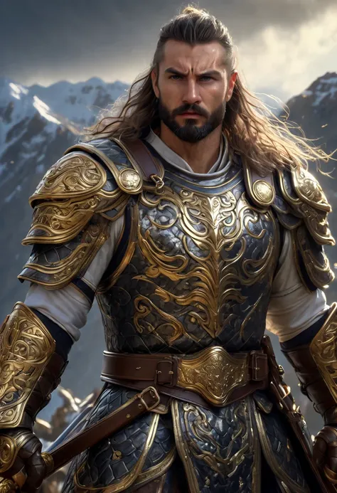 a close up of a 1men in armor armor holding a sword, Complex armor patterns， gold tracing around some armor pieces, golden armor ，Stand on top of a high mountain，Clouds in the sky surround the sun，(professional 3d render:1.3) of (Realistic:1.3) ，soft featu...