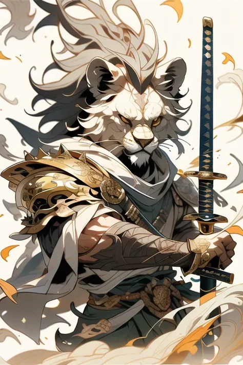 lion, (close-up :1.1), upper body, weapon, lion head , Male focus, sword, single, samurai armor, hand held, hand held weapon, katana, hand held sword, sheath, set,,, Building background , eyepatch