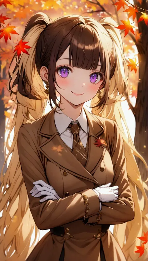  girl , smiling;  hairstyle lush two ponytails and bangs ,  hair color blond ; eye color purple ;  dressed in a brown suit with beige and white details, style " Under autumn leaves ";  dark brown long boots ,  white gloves. 