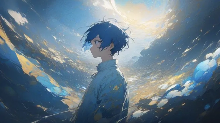 boy1 with blue hair,Look at the Earth, it&#39;s a distorted world　From the side,Short Hair, faraway view of the sun shining, standing