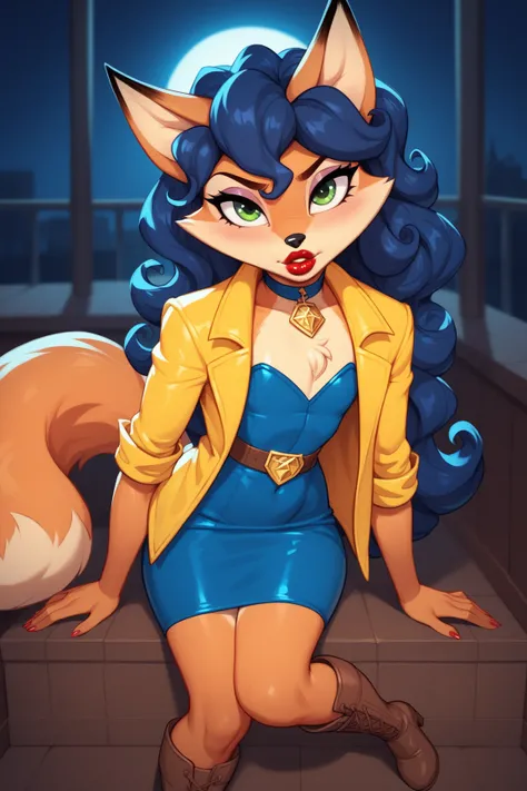  best quality ,  furry male fox with green eyes,  with brown long hair ,  with a black nose, with red lipstick on her lips,  big lips, in a yellow jacket ,  in a dark blue top,  flat chest, chest for show ,  female build , in a dark blue skirt ,  in brown ...