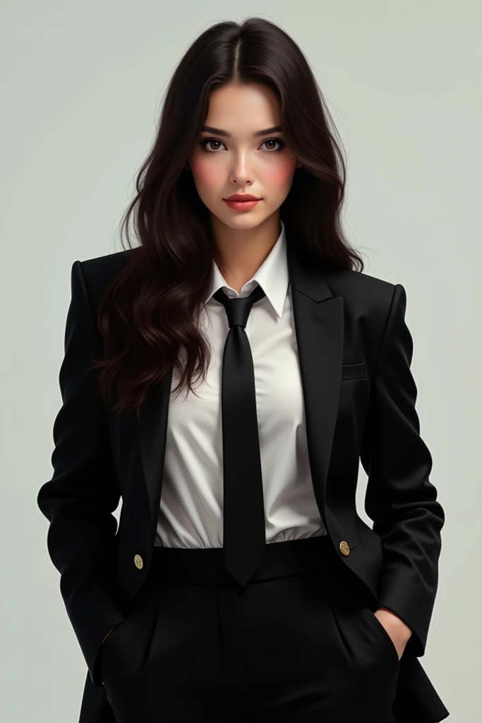 Woman, black brown hair, long straight hair, no bangs, innocent and nice looking face, 157cm tall, big chest for small size, black suit with long tie a little loose and top buttoned, expressionless, front