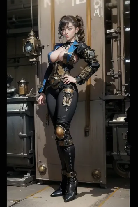 Masterpiece, highest quality, high resolution, skin clarity, skin details, eye details, face details, 4k, 8k,(realistic, photorealistic: 1.3),full body,((Steampunk:1.5)),Steam spewing out everywhere, various pressure gauges, girl in a battle-ready pose, we...