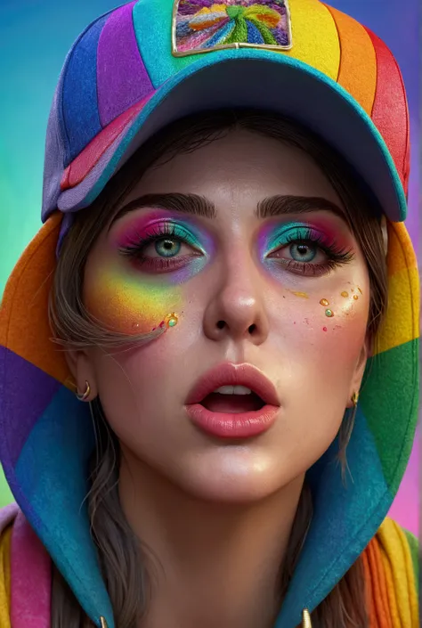 a woman wearing a cap vomiting rainbow, detailed face and expression, beautiful detailed eyes, beautiful detailed lips, extremely detailed face, long eyelashes, vibrant colors, fantasy, surreal, digital art, 8k, high quality, photorealistic, masterpiece