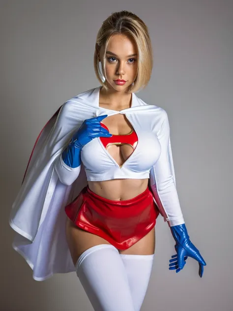 ALEXIS-REN, (8K), ( best quality ), ( Masterpiece: 1.2), ( realistic ), (superheroina powergirl flying over the planet in a battlefield,)), (He has a look of disdain on his face), (POWERGIRL has blonde hair, has short hair)), (PowerGirl with her big cleava...