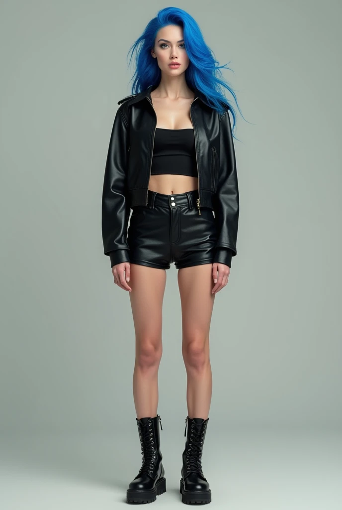 Beautiful tall blue Chanel-haired woman wearing red cropped black leather jacket and short black leather shorts and realistic black shoe 