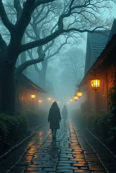 An enchanted village at dusk, with cobblestone streets glistening from rain, glowing lanterns hanging from trees, and mysterious fog rolling through. The atmosphere feels mystical and serene.