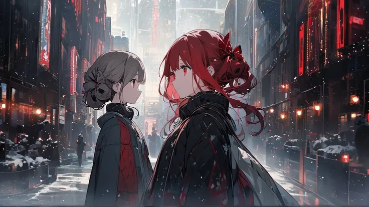 Distant View Girl red eyes red Drill Twin hair Night winter snow Quiet City Shining  View People Main profile