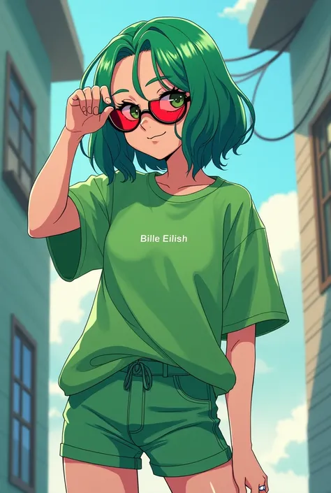 a drawing of Billie Eilish, with her hair dyed bright green, except for the roots, she is wearing a set of an oversized green t-shirt with tight green shorts, she wears rings on some fingers, she is wearing triangular glasses with red lenses, she is seen s...