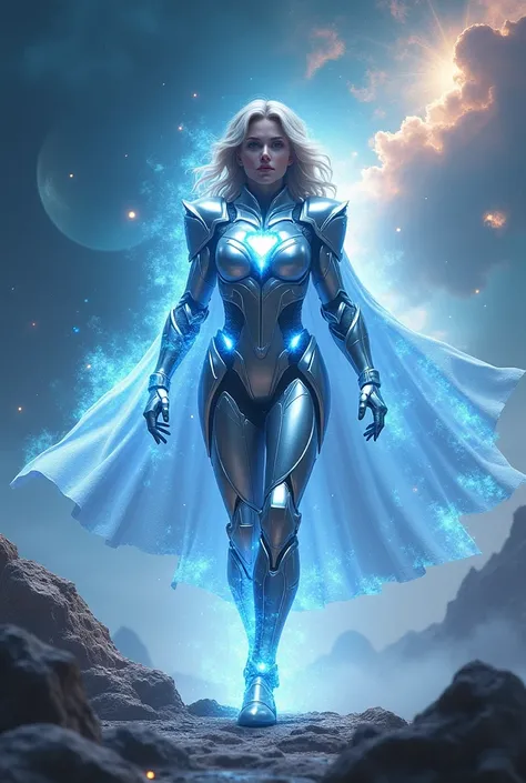 "A superhero woman with silver armor and glowing blue energy surrounding her walks through an ethereal, cosmic background filled with stars, planets, and nebulae. Her cape is made of stardust, and she exudes a sense of otherworldly power."