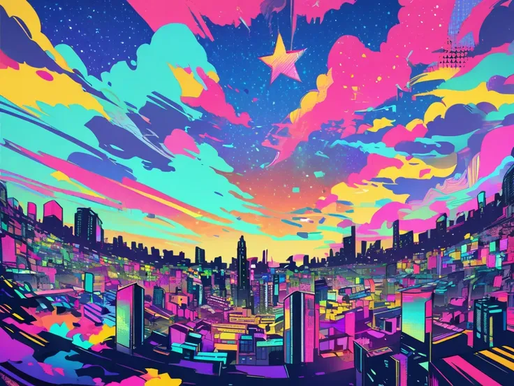 ((Best quality)), ((Masterpiece)), Colorful city, many colorful buildings, cityscape, night, another world, no people. pop. month. Star. milky way. pop art. A pattern like Andy Warhol.