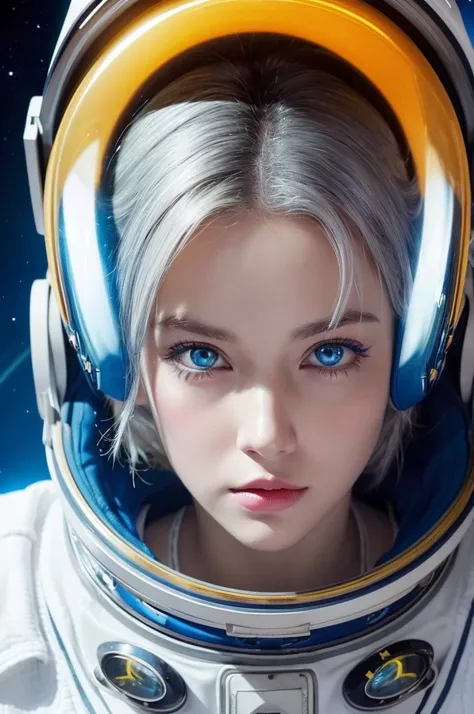  Closeup of a Better Masterpiece：1.5)0.9]、(Space and astronauts：1.2) (Disheveled silver hair：1.1) (Heterochromia and Yellow and Blue Eyes：1.2) ( space helmet：1.0) (Colored stars in the eyes：1.0) (Shining Light：1.1) (Thick lips：0.9)