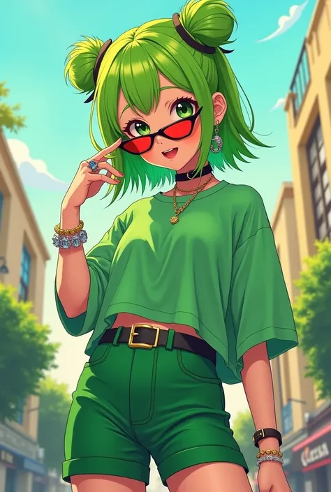 a drawing of Billie Eilish, with her hair dyed bright green, except for the roots, she is wearing a set of an oversized green t-shirt with tight green shorts, she wears rings on some fingers, she is wearing triangular glasses with red lenses, she is seen s...