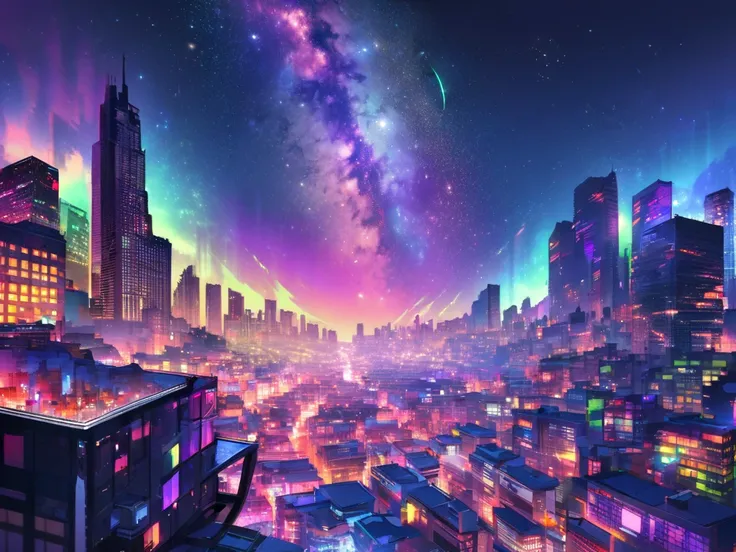 ((Best quality)), ((Masterpiece)), Colorful city, many colorful buildings, cityscape, night, another world, no people. pop. month. Star. milky way. pop art. A pattern like Andy Warhol.