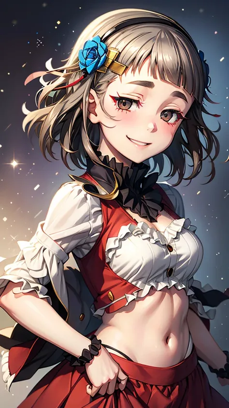 (((solo))), 1 woman, Sakuya Kurobane, sakuyaunif, kurobane_sakuya, (brown eyes), short hair, grey hair, black hairband, blue hair flower, red eyeliner, chest, blush, smile, (upper body), santa claus