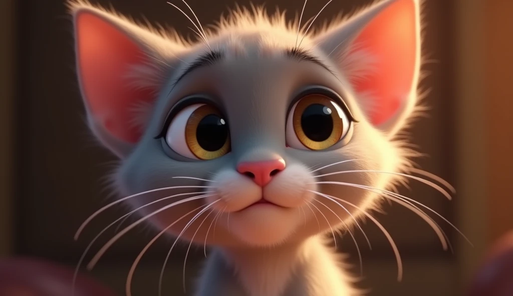  image for a cartoon story of Disney-style YouTube videos, in Pixar format :  close-up :  " A close-up of his face ,  A little silver kitten ...   His gaze reflects wisdom and calm,  which he found ,   after finding his place in the world ."