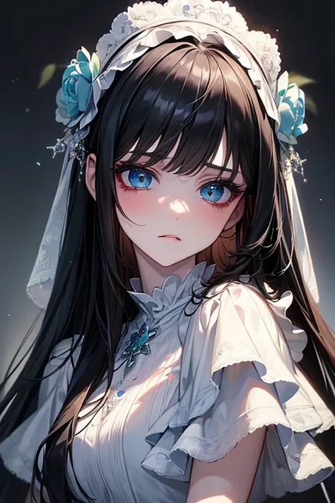 ((masterpiece)), (( top quality)), ( beautiful girl),  perfectly detailed eyes ,  perfectly detailed face, ,  perfect face,  high definition ,Crimson Dress、Layering、 black hair、Layered Cut Medium 、 pale skin、Blue-green eyes、Pitiful、ephemeral、Sadness