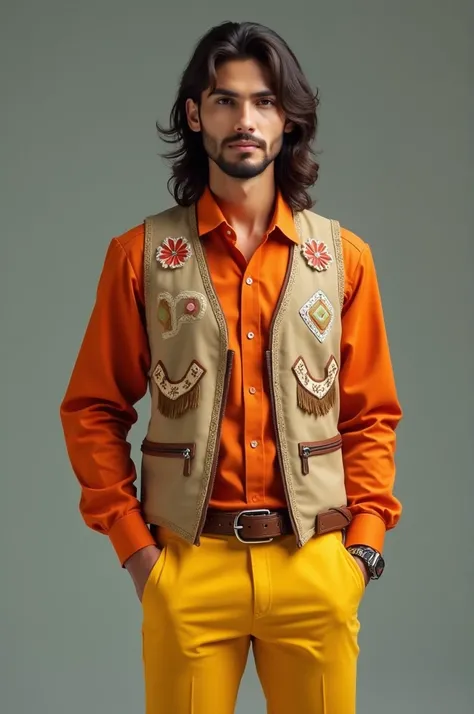  Strong yellow pants , formal orange shirt ,  light brown sleeveless vest ,  brown belt and wipala symbols on the vest