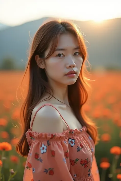  Dramatic photography of a very beautiful Korean woman , round cheeks and face , fair skin,  slightly chubby body .  Looking at the viewer .  She has thick straight hair and a length of brownish red color, and wearing a random motif dress .  The woman stan...