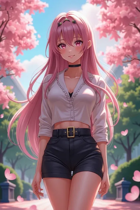 Here’s the exact text prompt used for the image:  

**"A female anime-style beautiful princess with long flowing hair, wearing a stylish modern outfit that includes shorts and a detailed, elegant blouse. She stands confidently in a picturesque garden with ...