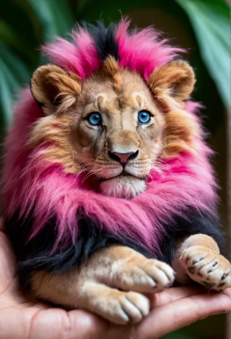 A fluffy miniature lion with vibrant pink fur and black stripes resting on a human palm, gazing at the camera with a playful smile , highlighting its blue inocent eyes. Realistic , 4k quality , with a blurred surrounding environment 