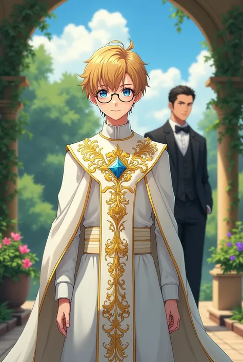  Anime images,  full body image , The background is a garden. In a European palace , 1 man , man with blue eyes, golden hair ,  handsome, , a 17-year-old Chinese teen , , short hair, wearing glasses , Wear a white Catholic priests robe, adorned with a spec...