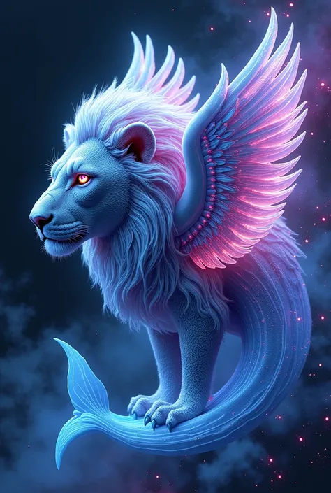 An incredible hybrid animal combining elements of a lion, eagle, and dolphin, designed in a futuristic and surreal style. The lions mane is glowing with bioluminescent patterns, the eagles wings are metallic with neon highlights, and the dolphins tail has ...