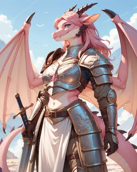 Alone, woman, Adventurer, Warrior，(woman anthro dragon:1.3), (Pink Body:1.1), white belly ,  Heavy Armor, Metal Armor,armored dress,（ blue eyes） she closes her mouth ,  Pretty eyes,  Dragon Tail ,  Dragon Wings 、Dark pink sword 