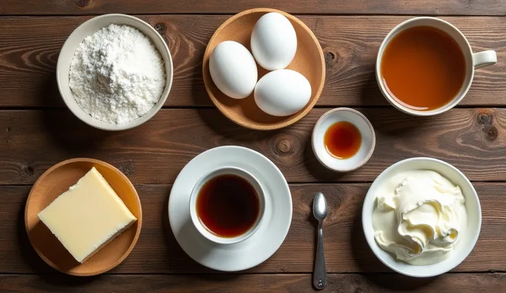 A beautifully arranged flat-lay of baking ingredients on a rustic wooden table. The items include a Cream cheese, softened, Granulated sugar, Large eggs, Pure vanilla extract, Strong brewed coffee, cooled, Sour cream . The arrangement is neat and aesthetic...