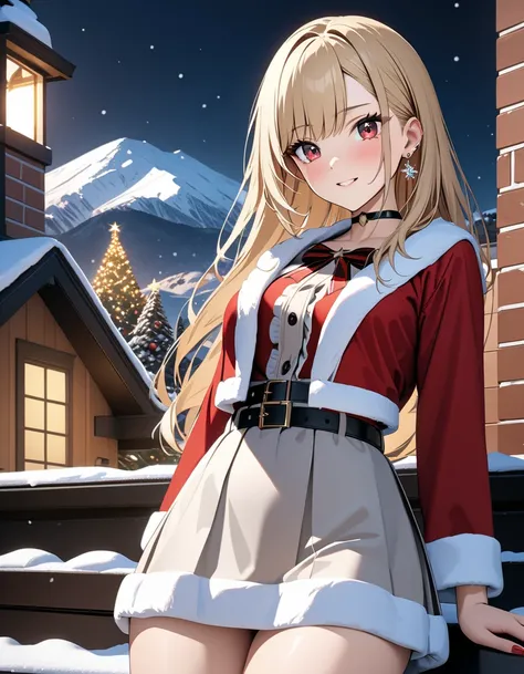  Christmas, ( Santa Claus),  snowy mountains, night,  on the roof, chimney,  high school girl,  Cowboy Shot , masterpiece:1.5, masterpiece, highest quality, Kitagawa Marin, 1girl, blonde hair, long hair, multicolored hair, red eyes, jewelry, earrings, pier...