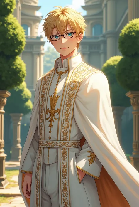  Anime images,  full body image , The background is a garden. In a European palace , 1 man , man with blue eyes, golden hair ,  handsome, , a 20-year-old Chinese teen , , short hair, wearing glasses , Wear a white Catholic priests robe, adorned with a spec...