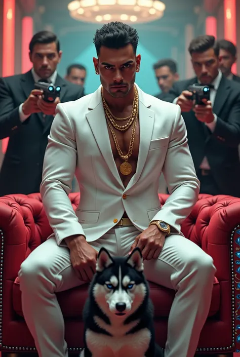 Make a black-haired man ,  brown eyes, muscular, white skin,  in a white suit also have gold chains ,  behind him there are colored lights and men in black suits and weapons ,  who also have a small Silberian Husky and is sitting on a red piece of furnitur...