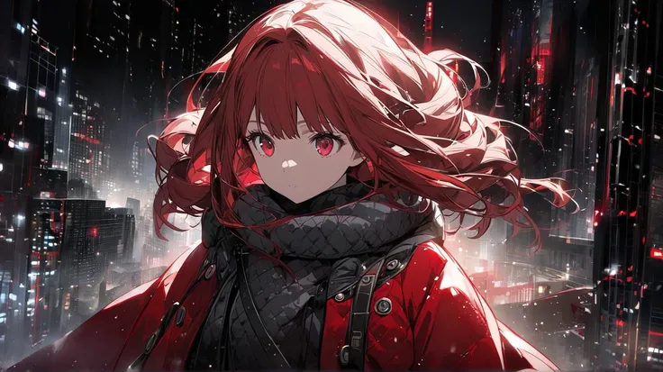 Distant View Girl red eyes red Drill Twin hair Night winter snow Quiet City Shining  View People Main profile