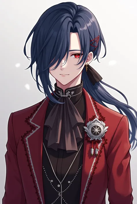 A quiet anime guy with sharp red eyes represents long indigo hair tied with a black ribbon and covers his whole left eye with his long hair,With fair skin and wearing all the luxurious and elegant red fairy clothes like the clothes of nobles, he carries a ...