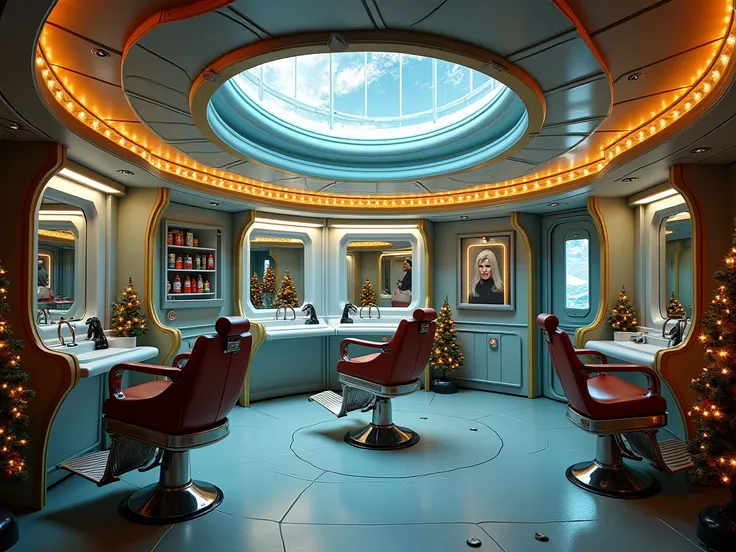 space nasa base type hairdresser in space rotating seen from the inside with a barber shop with barber benches floating; in 0 gravity in the base hall. With Christmas decorations, gold detail, facing the camera inside the base, 8k image with very wide view...