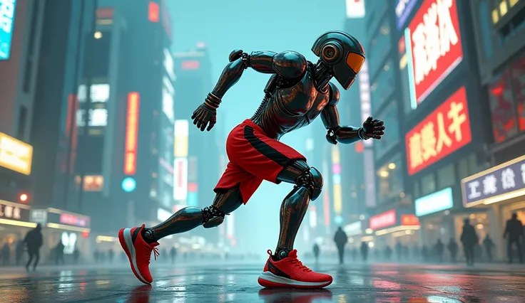 Picture a running cyberpunk robot  . Let .  robot look from the side Get retro Futuristic .  let the robot wear red shorts and shoes. 