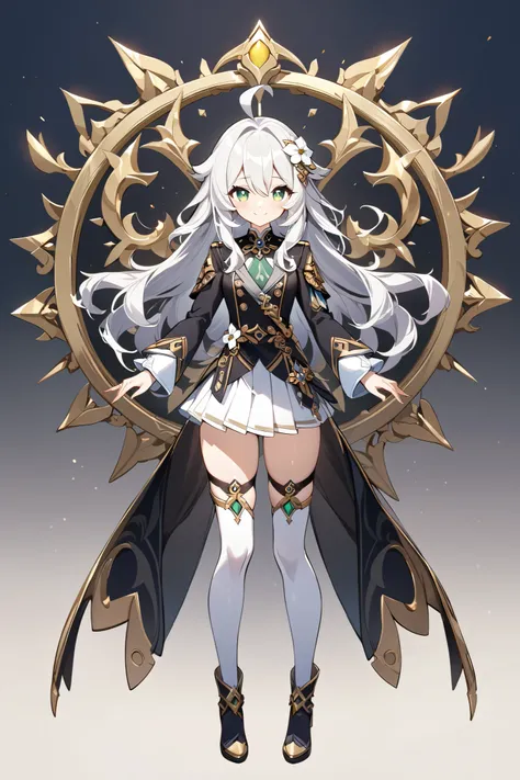only 1girl, empty background, detailed eyes, well-defined eyes, ahoge, cute, 1girl, long white hair, hair white flower ornament, green eyes, round eyes, long hair, military uniform, black jacket, gold accents, white pleated skirt, thigh-high socks, black b...