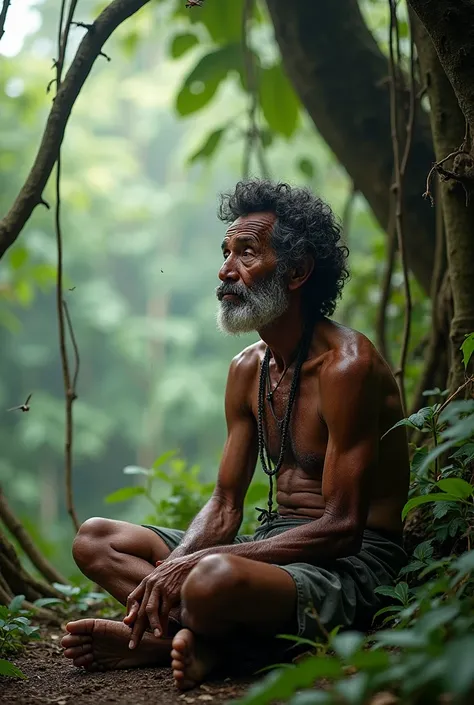 
an old man with curly black hair and skin sitting in a remote area of ​​Papuas interior