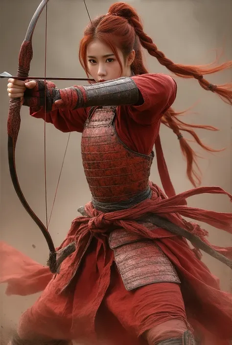 3D realistic,Red-haired girl of short stature hairstyle with two long braids,girl samurai archer, in red Samurai armor, with a samurai hairstyle with a tail,A girl in high boots,crouching,in her left hand holds a bow at arms length,in her right hand holds ...