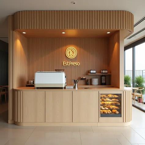 Design a modern and minimalist café kiosk named Est.Preso located inside a shopping mall. The kiosk features a natural wood aesthetic with vertical slats for the counter and clean, light wooden finishes with mix of muji clean style and beige colour backgro...