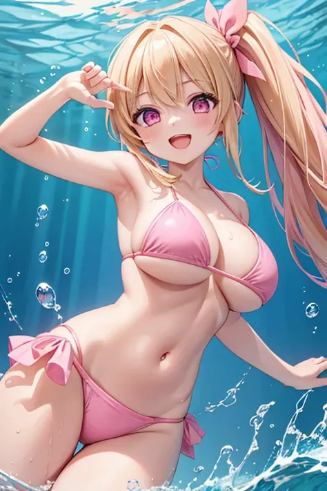 1 girl, best quality, masterpiece, 8K, cute, shiny skin, (pink bikini:1.4), crop top, (navel:1.2), midriff, bare stomach, huge breasts, long hair, blonde hair, side ponytail, open eyes, smile, open mouth, smile,(underwater1.1),