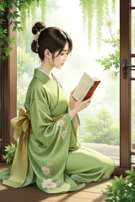 A serene illustration of a young Asian woman dressed in a traditional green kimono, sitting gracefully on the floor and reading a book. The kimono features soft, flowing fabric with an elegant floral-patterned obi. Her hair is styled in a neat updo, adorne...