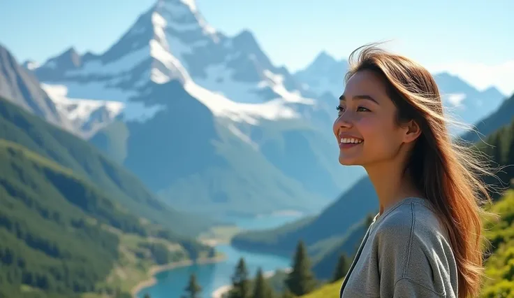 Beautiful young woman smiling looking at beautiful mountain view wind blowing hair