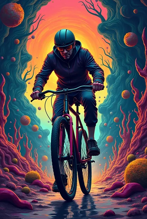 a close up of a poster with a person on a bike, digital art by Dan Mumford, reddit, psychedelic art, dan mumford and alex grey style, shamanic horror lsd art, dmt art, in the style dan mumford artwork, ( ( ( ( ( dan mumford ) ) ) ) ), in the art style of d...